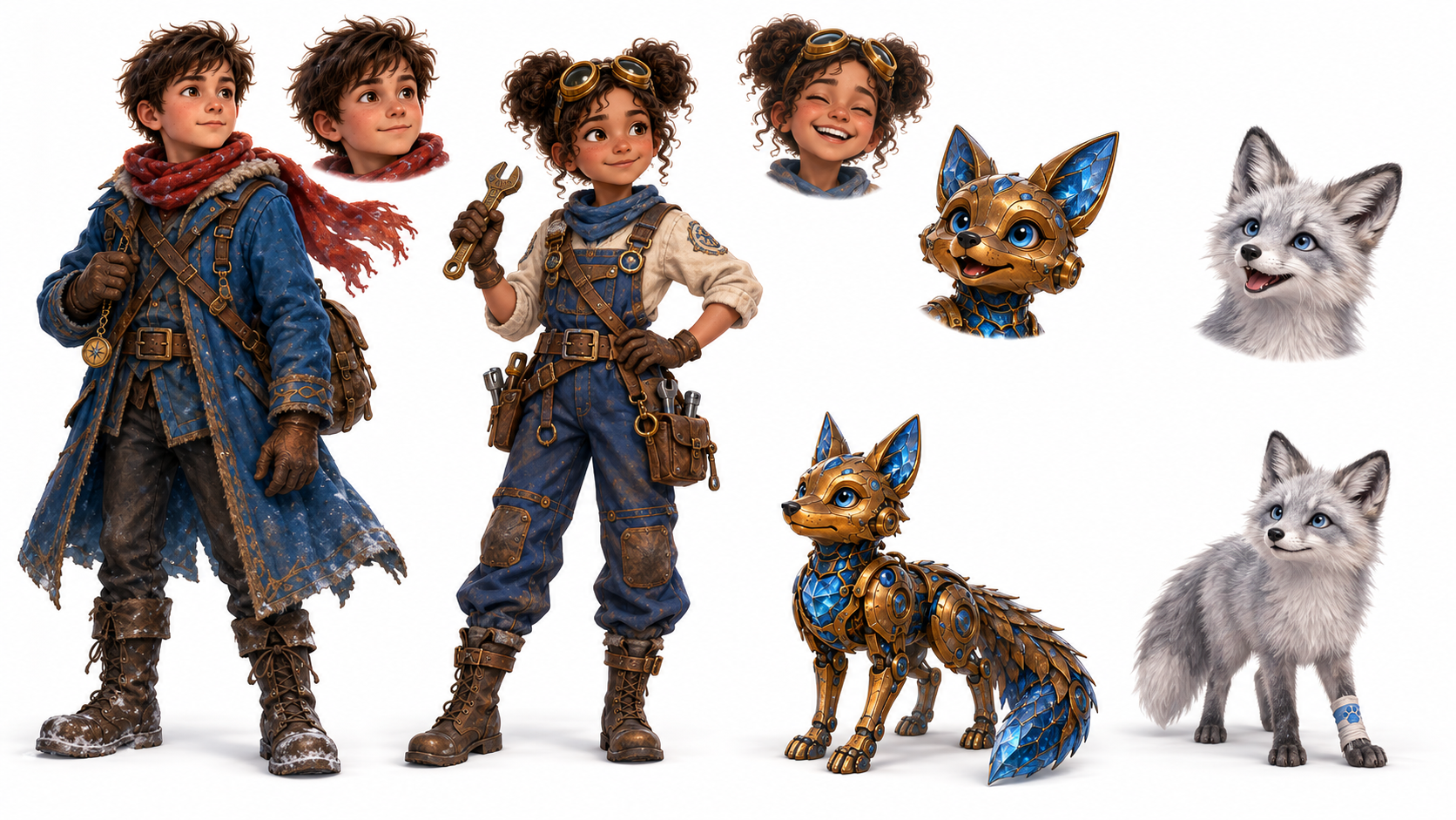 Finn, Nia, Brass the clockwork fox, and their silver fox friend